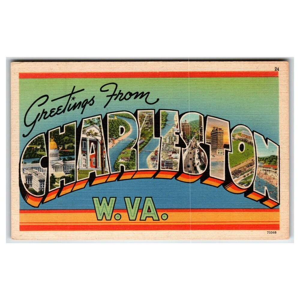 Greetings From Charleston WV Large Letter Linen Postcard Tichnor Bros